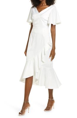 Amy Lynn V-Neck Ruffle Midi Tea Dress in White