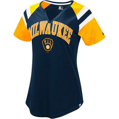 Women's Starter Navy/Gold Milwaukee Brewers Game On Notch Neck Raglan T-Shirt