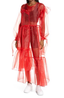 KkCo Nine Twenty-Seven Asymmetrical Ruffle Sheer Organza Dress in Cherry