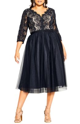 City Chic Beauty Lace & Tulle Midi Dress in Navy
