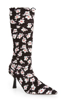 Amy Crookes Lucienne Floral Print Shirred Stretch Boot in Black/White Micro Floral