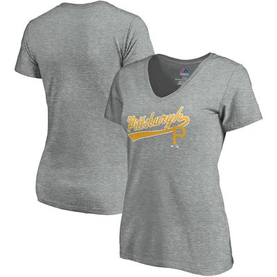 Women's Majestic Heathered Gray Pittsburgh Pirates Showtime V-Neck T-Shirt in Heather Gray