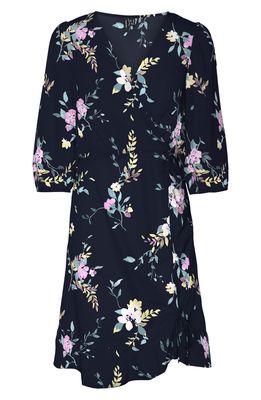 VERO MODA CURVE Olga Floral Recycled Polyester Faux Wrap Dress in Black Aop