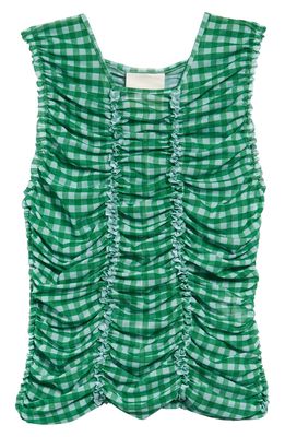 Molly Goddard Ariel Gingham Mesh Ruched Top in Green Gingham