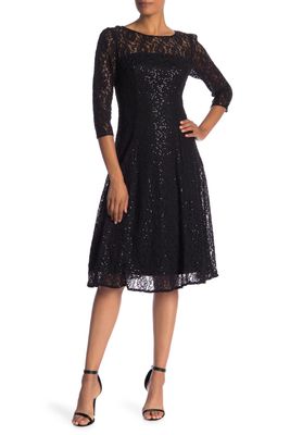 SL FASHIONS Lace Overlay Fit & Flare Midi Dress in Black