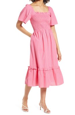 Draper James Deana Smocked Stripe Poplin Midi Dress in Pink