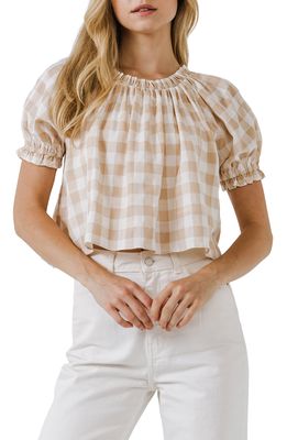 English Factory Gingham Puff Sleeve Top in Khaki
