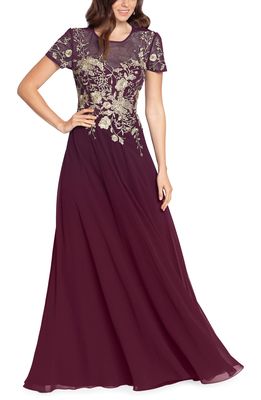 Betsy & Adam Besty & Adam Metallic Floral Fit & Flare Gown in Wine/Gold