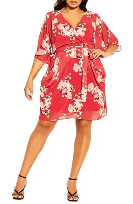 City Chic Lotus Floral Faux Wrap Dress in Red Sacred Lotus