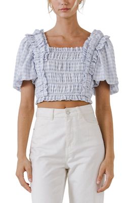 English Factory Gingham Smocked Puff Sleeve Crop Top in Powder Blue