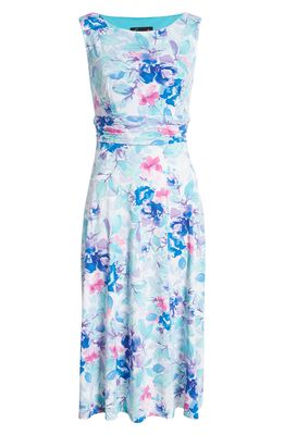 Connected Apparel Floral Print Ruched Waist Midi Dress in Turquoise