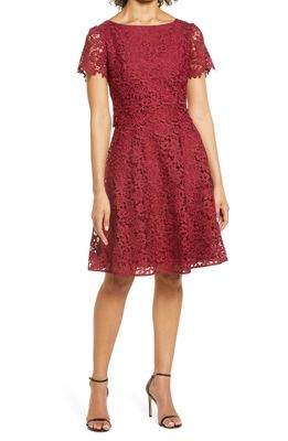 Shani Popover Lace Fit & Flare Dress in Wine