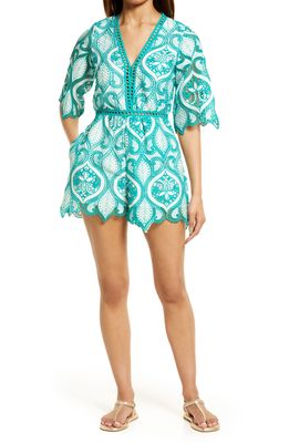 BTFL-life Embroidered Romper in Kelly Green/Off White