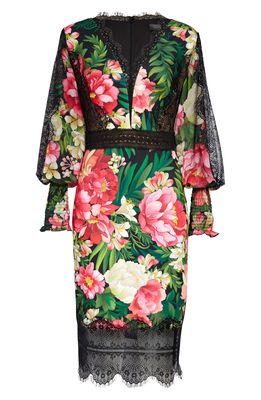 Tadashi Shoji Floral Bishop Sleeve Dress in Black/Floral