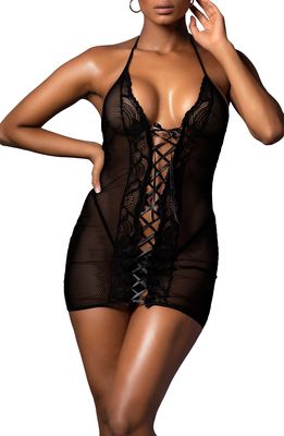 Mapale Lace Up Chemise & Thong Set in Black