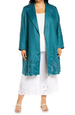 Lafayette 148 New York Liliana Embroidered Linen Trench Coat in Deep Lagoon