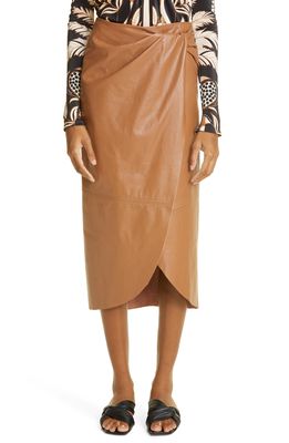 Johanna Ortiz Faux Wrap Leather Midi Skirt in Camel