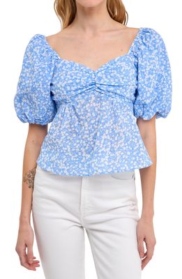 Free the Roses Floral Puff Sleeve Cotton Babydoll Top in Blue