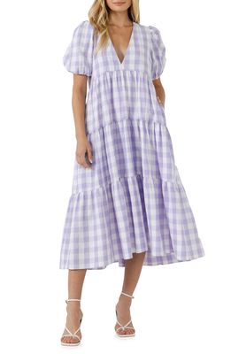 English Factory Gingham Tiered Puff Sleeve Dress in Lavender