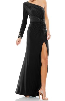 Mac Duggal One-Shoulder Long Sleeve Jersey Gown in Black