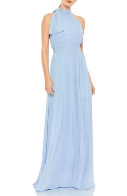 Ieena for Mac Duggal High Neck Ruched Chiffon A-Line Gown in Powder Blue