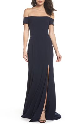 Amsale Off the Shoulder Crepe Gown in Navy