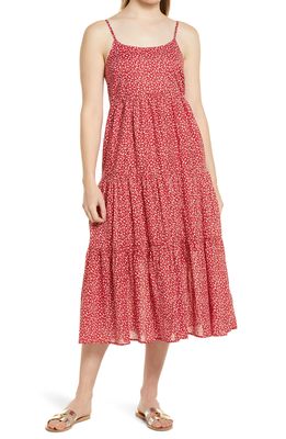 beachlunchlounge Lana Floral Print Tiered Midi Sundress in Red Dahlia