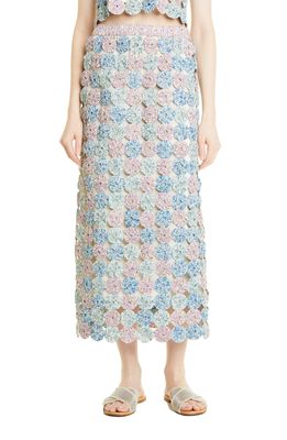 Sea Ida Floral Rosette Straight Cotton Skirt in Blue Multi