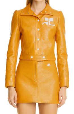 Courreges Logo Patch Coated Stretch Cotton Crop Jacket in Ochre