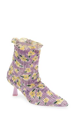 Amy Crookes Marthe Floral Print Shirred Stretch Bootie in Lilac/Yellow Micro Floral