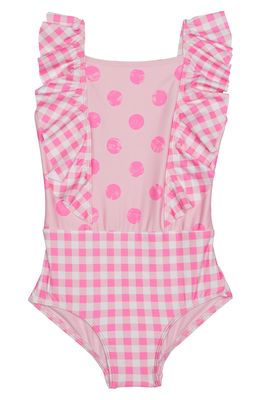 Beach Lingo Kids' Polka Dot & Check Ruffle One-Piece Swimsuit in Pink Punch