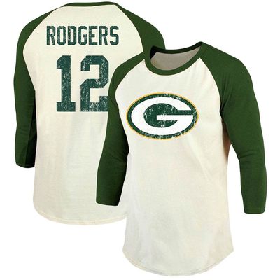 Majestic Threads Men's Fanatics Branded Aaron Rodgers Cream/Green Green Bay Packers Vintage Player Name & Number Raglan 3/4-Sleeve T-Shirt at