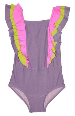 Beach Lingo Kids' Sunsets Sparkle Ruffle One-Piece Swimsuit in Lilac Mist