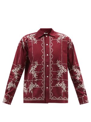 Bode - Floral-embroidered Cotton Shirt - Mens - Burgundy