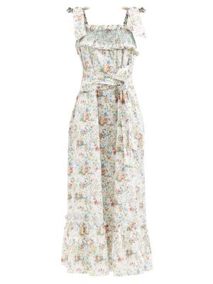 Loretta Caponi - Armida Smocked Floral-cotton-poplin Dress - Womens - Beige Print