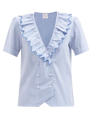 Loretta Caponi - Perla Ruffled-collar Striped Cotton-poplin Blouse - Womens - Blue Stripe