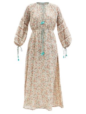 D'Ascoli - Agatha Tasselled Floral-print Cotton-khadi Dress - Womens - Apricot