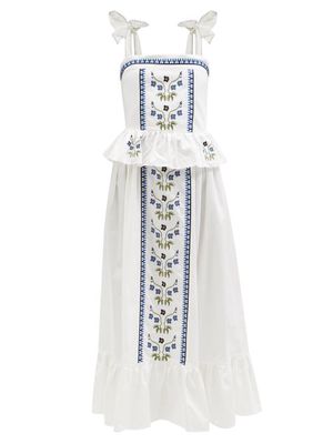 Lug Von Siga - Giselle Peplum-hem Floral-embroidered Cotton Dress - Womens - White Blue