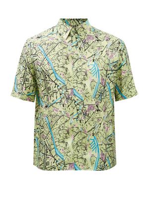 Fendi - Map-print Silk-twill Shirt - Mens - Green Multi