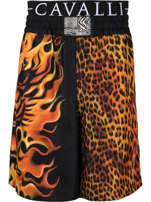 Roberto Cavalli logo-waistband animalier-patch shorts - Orange