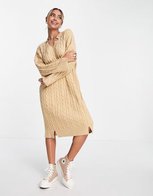 Urban Revivo cable knit midi dress in camel-Neutral