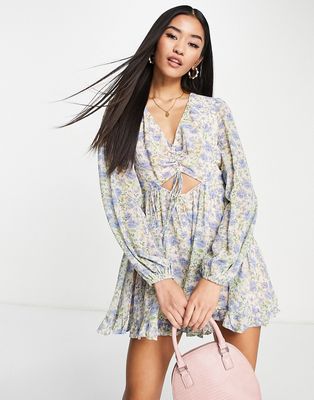 Love Triangle balloon sleeve romper in blue vintage floral-Blues