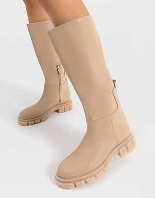 Stradivarius knee boots with chunky sole in caramel-Neutral
