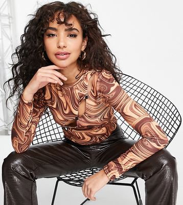 Missguided Petite asymmetric button up top with long sleeves in brown marble - part of a set