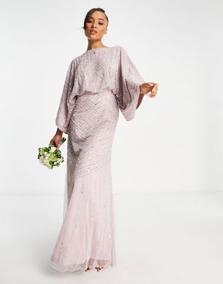 Frock and Frill Bridesmaid maxi dress with exaggerated sleeves in dusty mauve-Purple