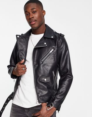 Pull & Bear faux leather jacket in black