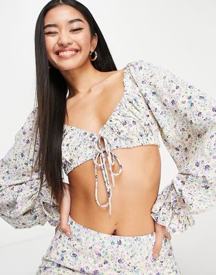 Love Triangle balloon sleeve bra top in lilac ditsy floral - part of a set-Purple
