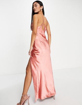 Love Triangle satin maxi dress with cut out details in rust-Brown