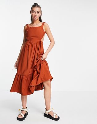 Fashion Union backless midi smock dress with ruffle detail-Brown