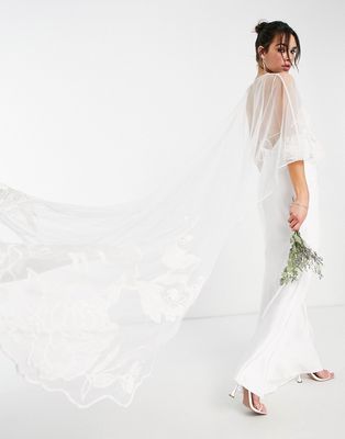 ASOS EDITION applique floral wedding cape in ivory-White
